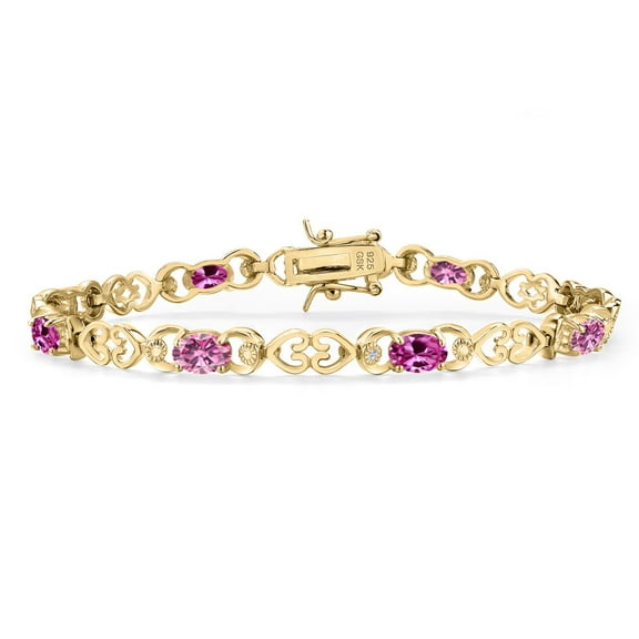 Gem Stone King 18K Yellow Gold Plated Silver Pink Moissanite and Pink Created Sapphire and Lab Grown Diamond Bracelet for Women | 3.85 Cttw | Gemstone Birthstone | Oval 6X4MM | Length 7.25 inches
