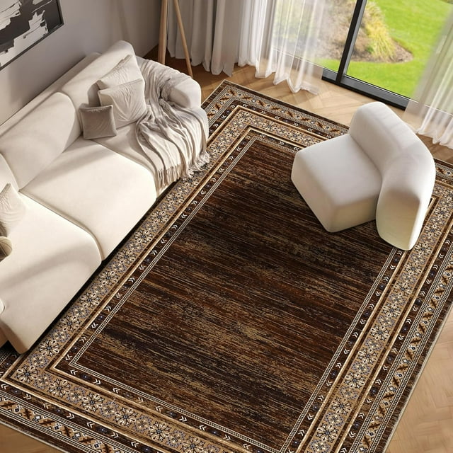 8x10 Washable Area Rug - Modern Bordered Solid Brown Rug, Non-Shedding Stain Resistant Non-Slip Low Pile Rug for Living Room Bedroom Apartment Farmhouse