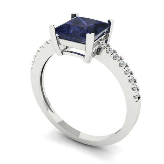 1.62 ct Princess Cut Simulated Blue Sapphire Solitaire with Accents Engagement Ring for Women in 18K White Gold