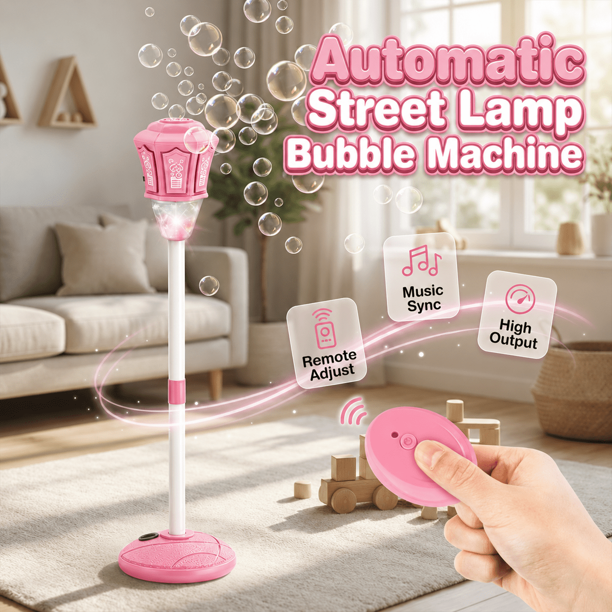 Street Lamp Bubble Machine, 2026 New Automatic Bubble Machine Stand with Light Music, Adjustable Standing Bubble Maker Blower Torch-Shaped for Outdoor Party Birthday Wedding (Pink)