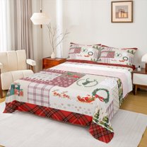 Castle Fairy Santa Claus Deer 4pcs Bed Sheets for Teens Boys Girls,Geometric Plaid King Sheets,Merry Christmas Super Cozy Sheet Set,Microfiber Bedroom Decor