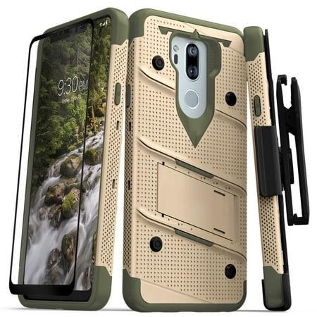 ZIZO BOLT Series LG G7 ThinQ Case Military Grade Drop Tested with Tempered Glass Screen Protector, Holster, Kickstand TAN CAMO GREEN