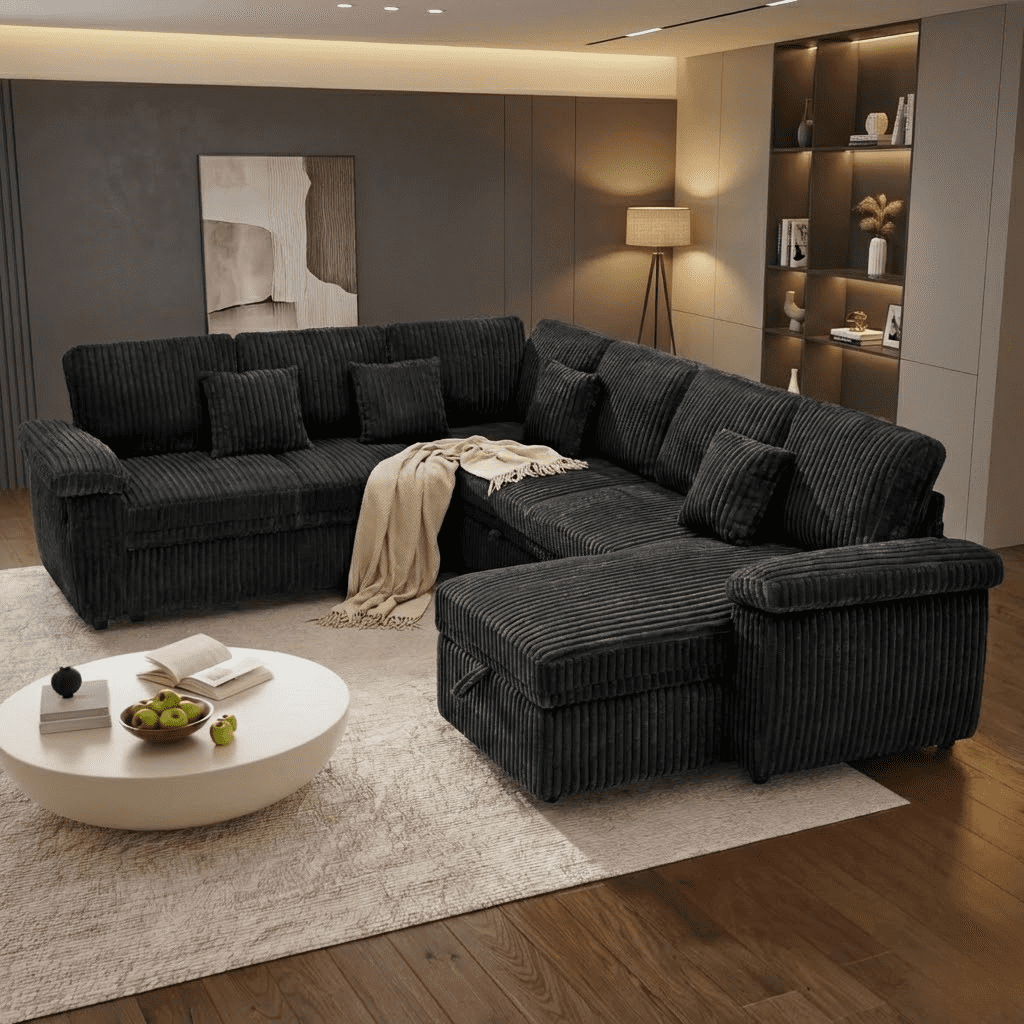 Howcool Modular Sectional Sleeper Sofa with Pull-Out Bed, U-Shaped Convertible 7-Seat Cloud Couch with Storage Chaise & USB Charging, Plush Corduroy Sectional for Living Room,Black