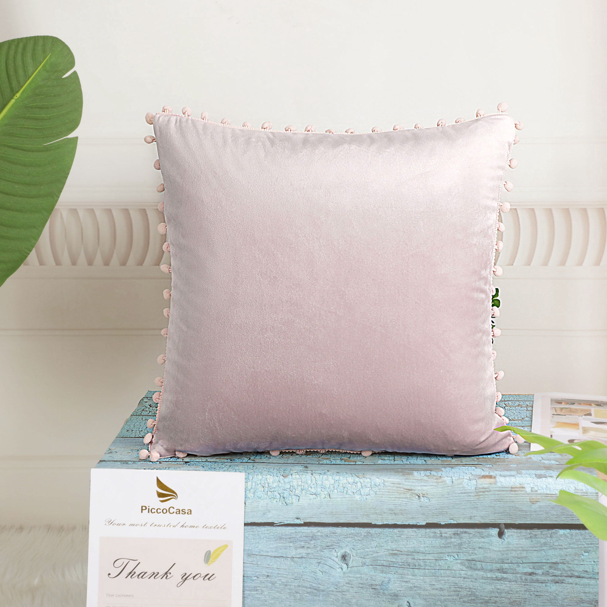 Unique Bargains Velvet Pillow Cover with Pompoms for Sofa 1PCS Pale Pink 16x16Inch