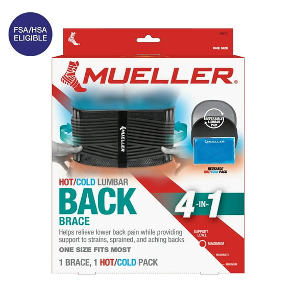 Mueller Lumbar 4-in-1 Back Brace with Hot Cold Pack, One Size Fits Most, Black