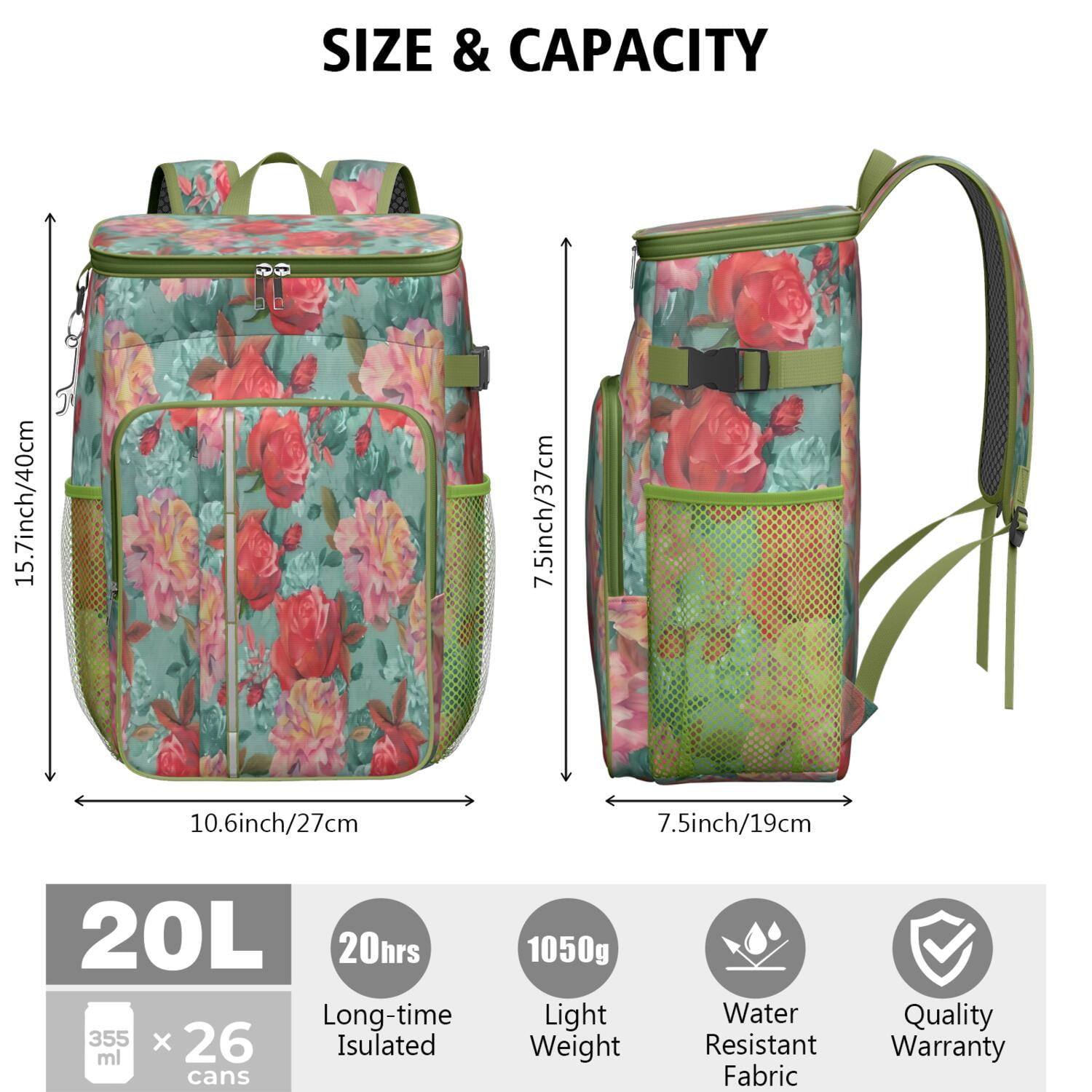 Travel Cooler Bag - Pioneer Flower Floral Print Pattern Camping Beer Cooler Backpack with Bottle Opener- Waterproof Insulated Picnic Backpacks - Cooler Bag for Beach