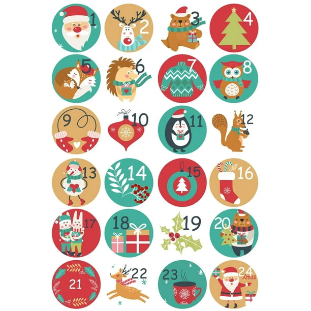 24 Pegatinas De Calendario De Adviento Con Números 1-24 – Stickers Redondos De Papel De 3.8 Cm Con Motivos Navideños Para Decorar Y Jugar