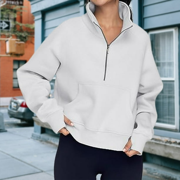 THE GYM PEOPLE Womens' Half Zip Pullover Fleece Stand Collar Crop  Sweatshirt with Pockets Thumb Hole Grey at  Women's Clothing store