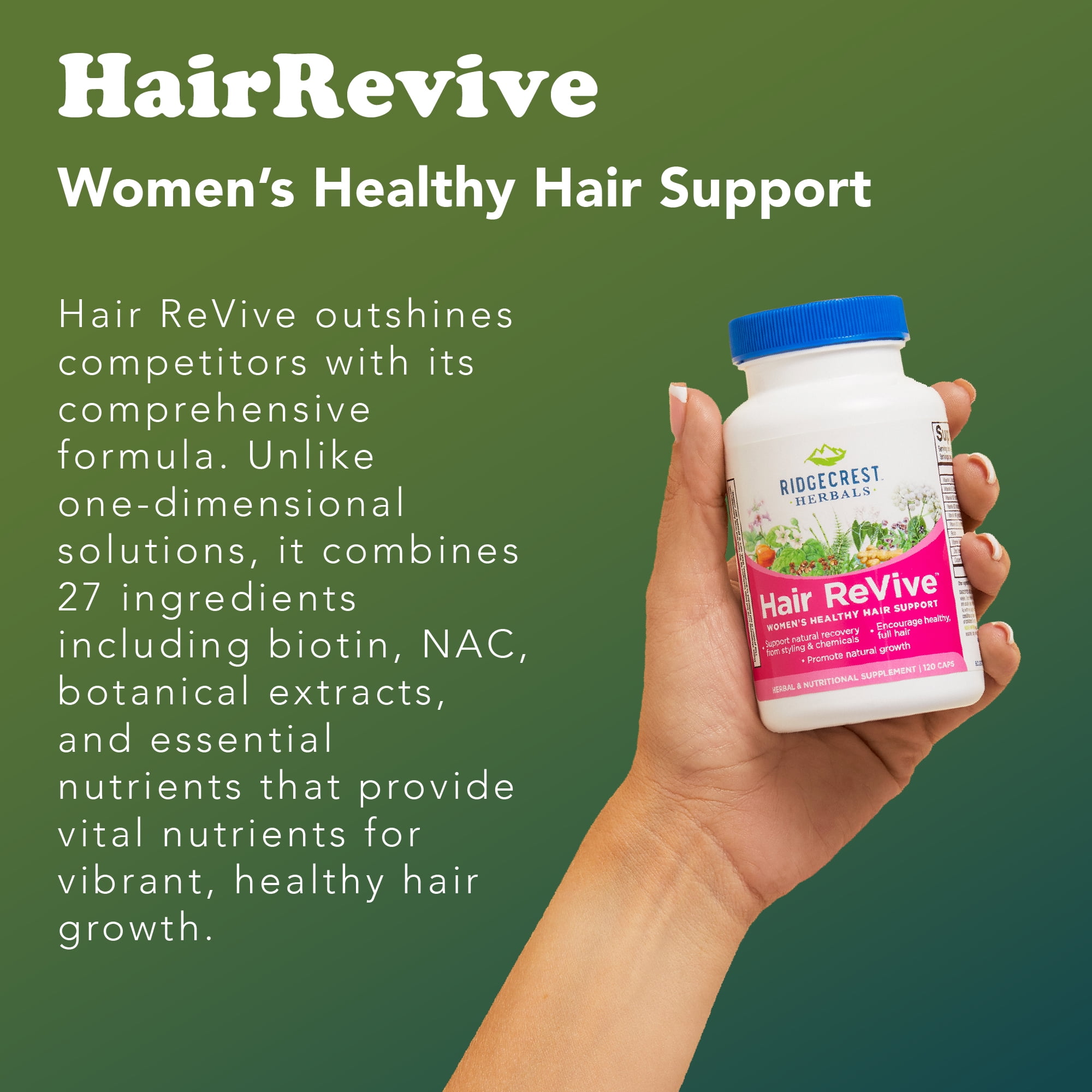 RidgeCrest Herbals Hair ReVive, Nutritional Hair Supplement with Vitamin C, Biotin, Zinc, and Copper, Hair Vitamins for Women to Support Healthy Hair, Skin, and Nails (120 Caps, 30 Serv)