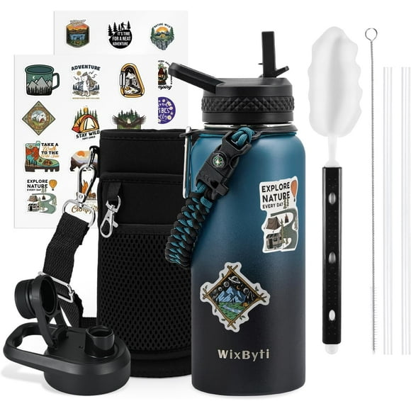 UTAH-32 oz Insulated Water Bottle with Straw (Cold for 48 Hrs), Stainless Steel Triple Wall Vacuum Sports Water Jug, Leakproof Hydro Cup Flask with Paracord Handle & Straw Spout Lids & DIY Stickers