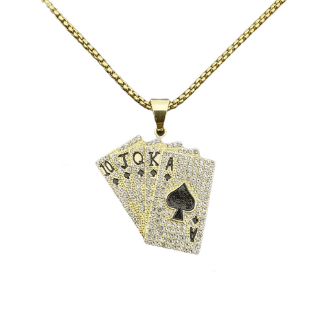 MayiaHey Poker Card Pendant, Iced Out Poker Cards Necklace for Men, Gold Royal Flush Necklace Rock Spade Poker Jewelry, Hip Hop Spade Playing Cards Charm Necklace Punk Playing Card Pendant Necklace