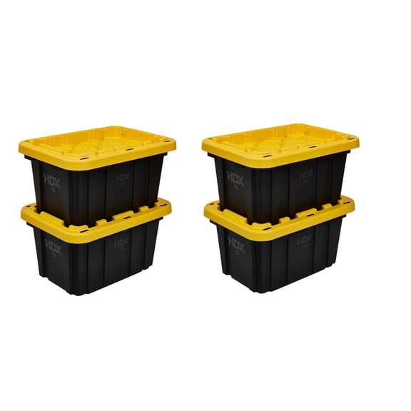 7-Gallon Heavy-Duty Tough Storage Tote Bins with Lids, Black and Yellow Stackable Plastic Organizers (4-Pack)