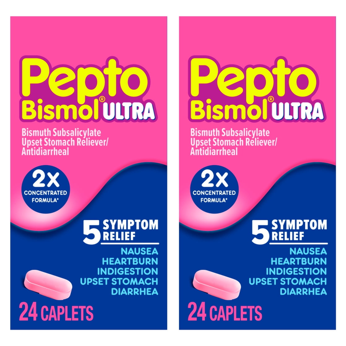 Pepto Bismol ULTRA Caplets, Fast 5-Symptom Upset Stomach Relief, 48 Ct (2x24 Ct)