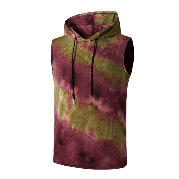 Hombres Casual sin mangas Tie-dye Pullover Chaleco con capucha Camiseta Blusa Chaleco Tops Pompotops oipoqjl29595