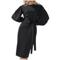 thumbnail image 2 of RYDCOT Semi formal Fall Wedding Guest Dress Long Lantern Sleeve Round-Neck Ladies Dresses Tie Waist Elegant Dresses for Women Evening Party Sale, 2 of 4