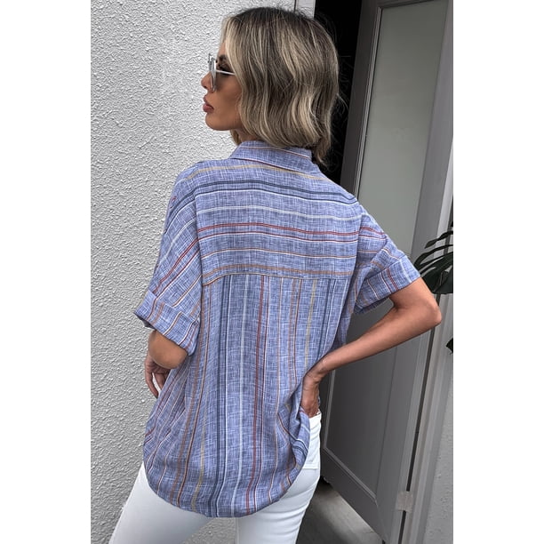 ABPHQTO Camisa con botones y manga enrollada a rayas azules con cuello en V para mujer