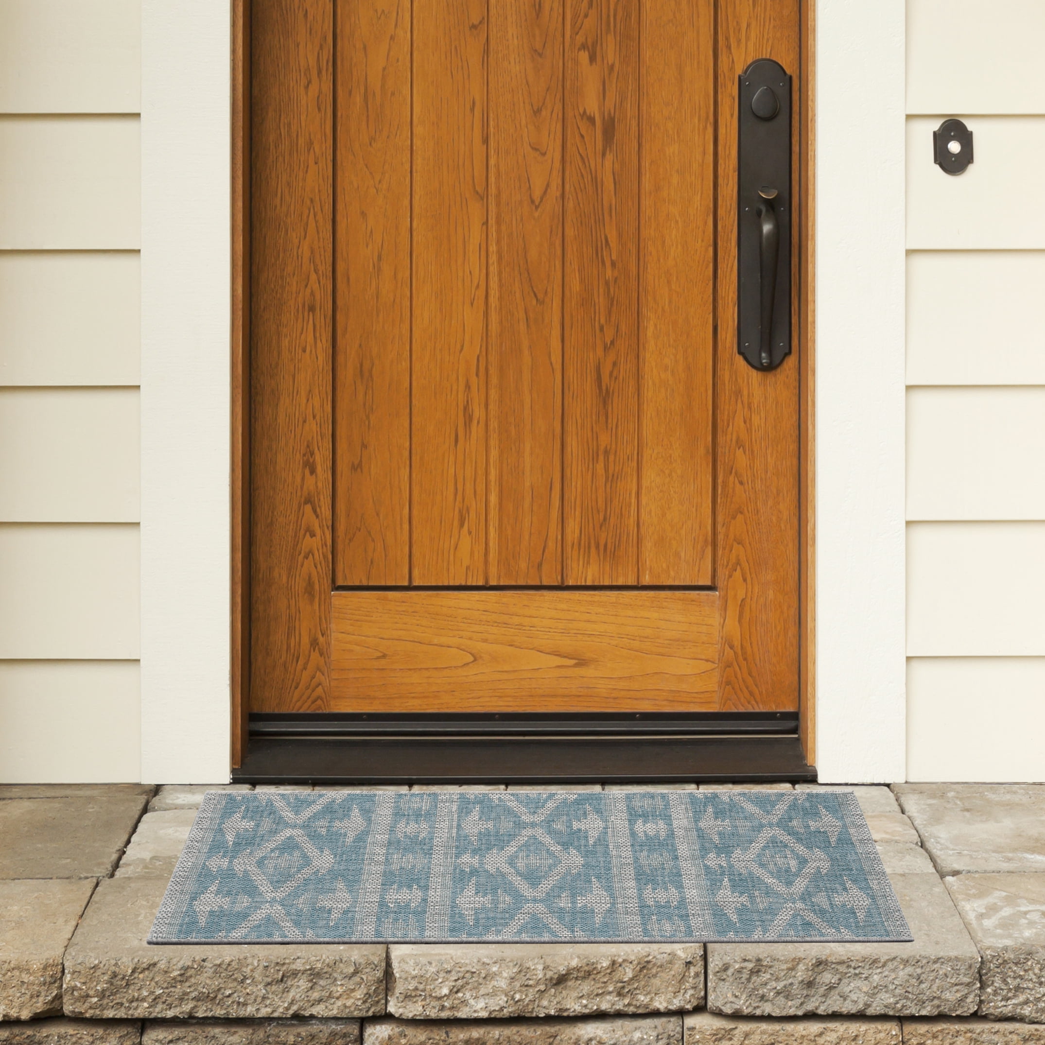 SAFAVIEH Courtyard April Geometric Indoor/Outdoor Area Rug, Aqua/Grey, 5'3" x 7'7"