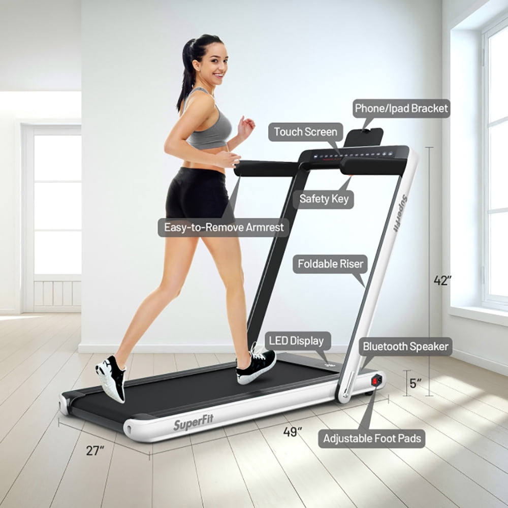 Topcobe 2-in-1 Electric Motorized Health and Fitness Folding Treadmill with Dual Display and Speaker, Under Desk Walking Pad Treadmill, Walking Pad with Handle Bar, White
