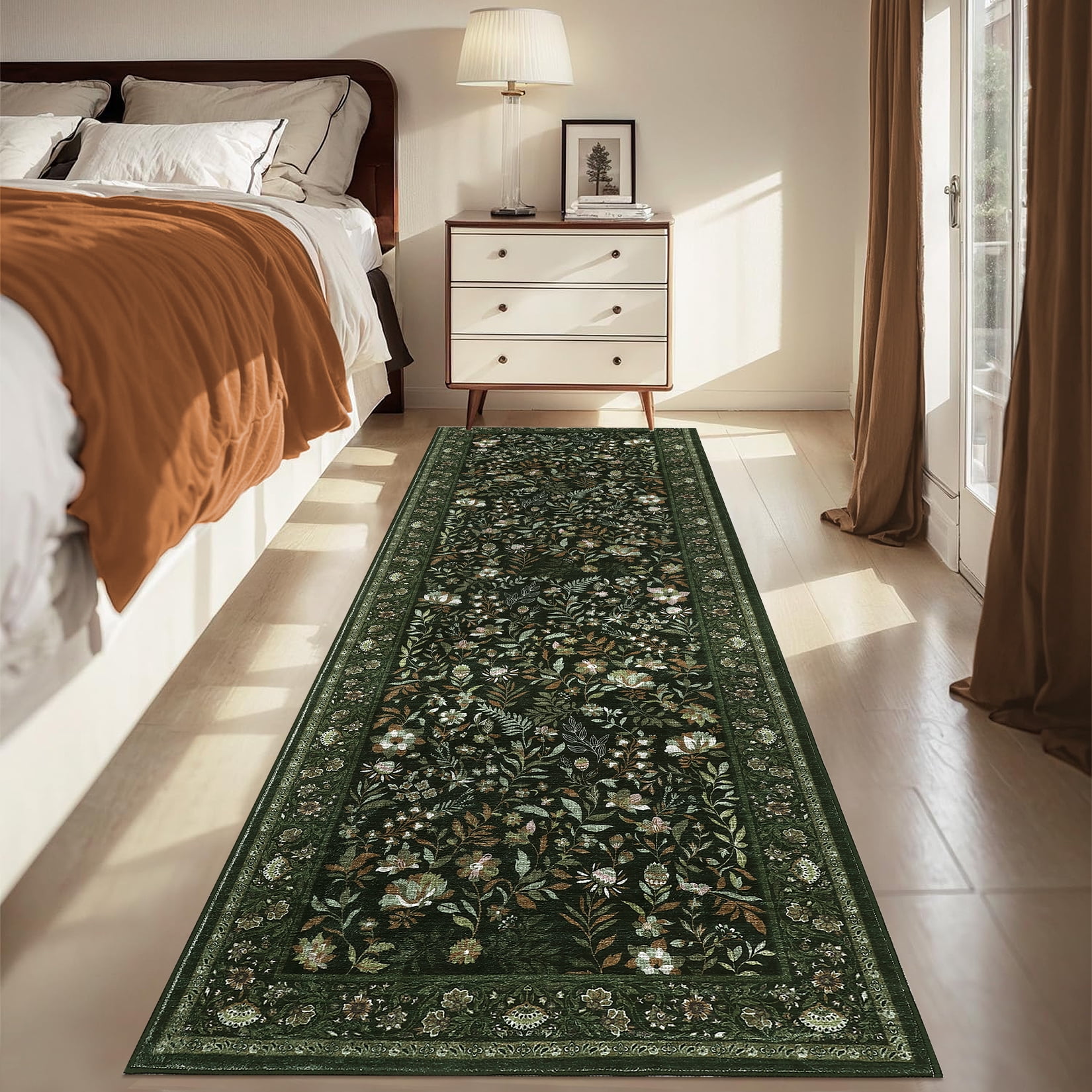 Tzou Floral Washable Runner Rugs for Living Room, 2x6ft Vintage Non-Slip Boho Carpet, Soft Stain-Resistant Indoor Rug for Bedroom, Office(Dark Green)