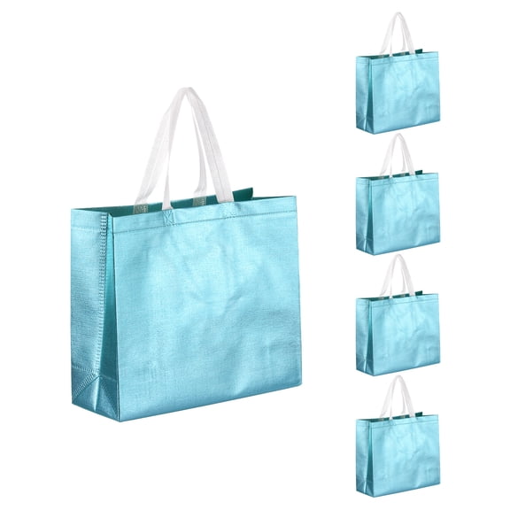 12pcs Reusable Gift Bags, Blue Tote Glossy Grocery Shopping Bag for Birthday Party - 15.7"x11.8"x3.9"