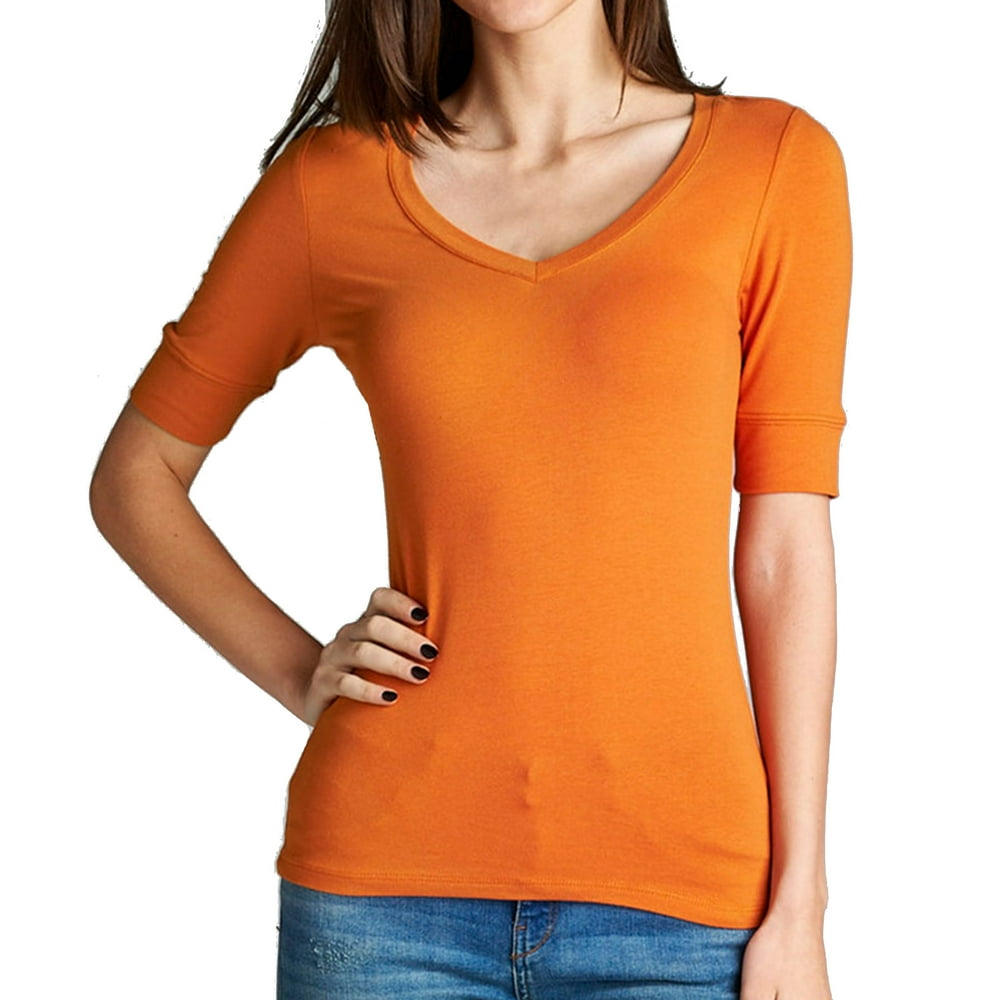 SNJ - Women's Basic Elbow Sleeve V-Neck Cotton T-Shirt Plain Top-Plus ...