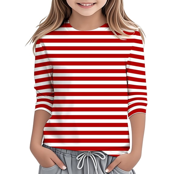 WOYY Toddler Girls Striped T-Shirt 3/4 Sleeve Crew Neck T Shirt Casual Tee Top, Sizes 3-13