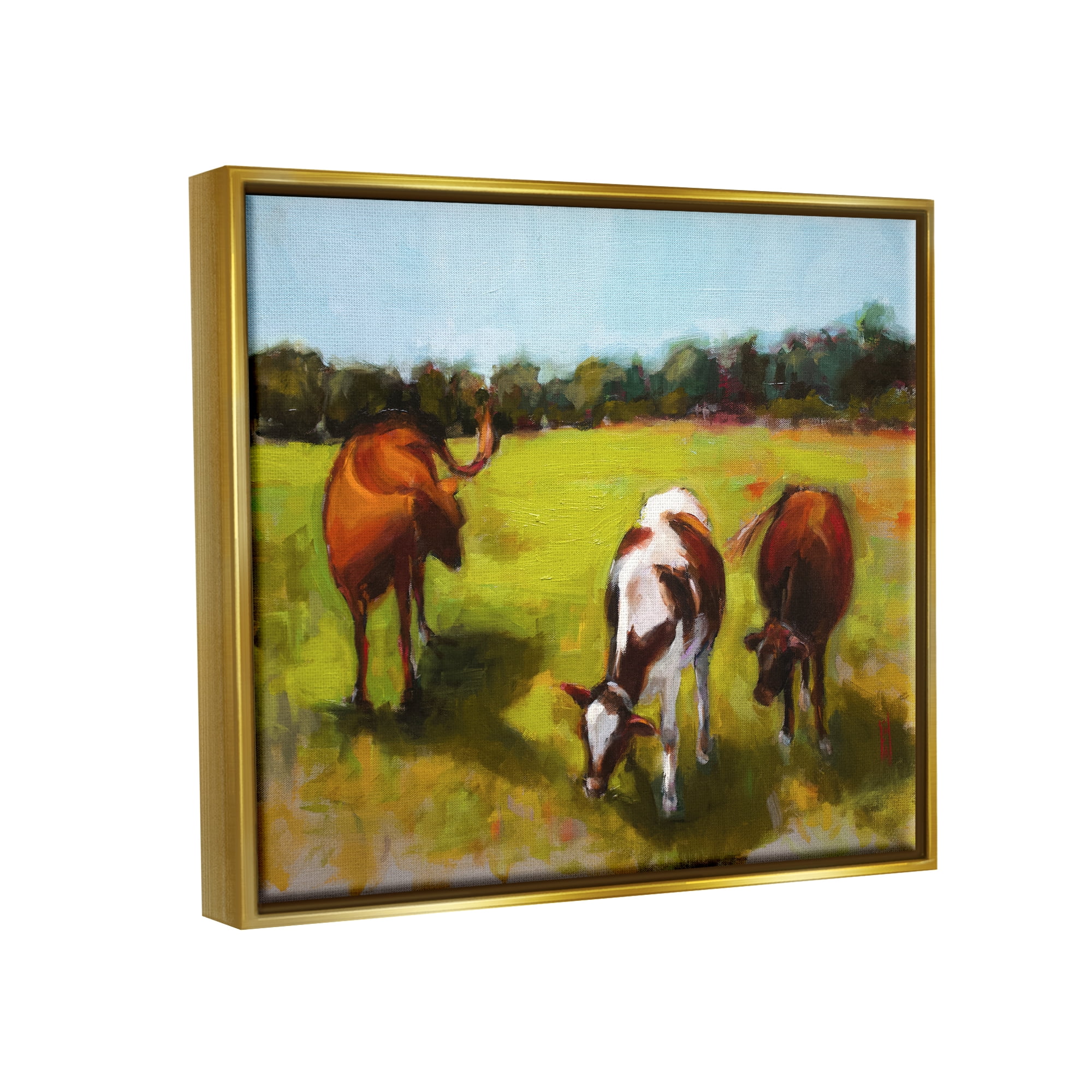Stupell Industries Cattle in Countryside Painting Animals & Insects Painting Gold Floater Framed Art Print Wall Art, 31 x 25