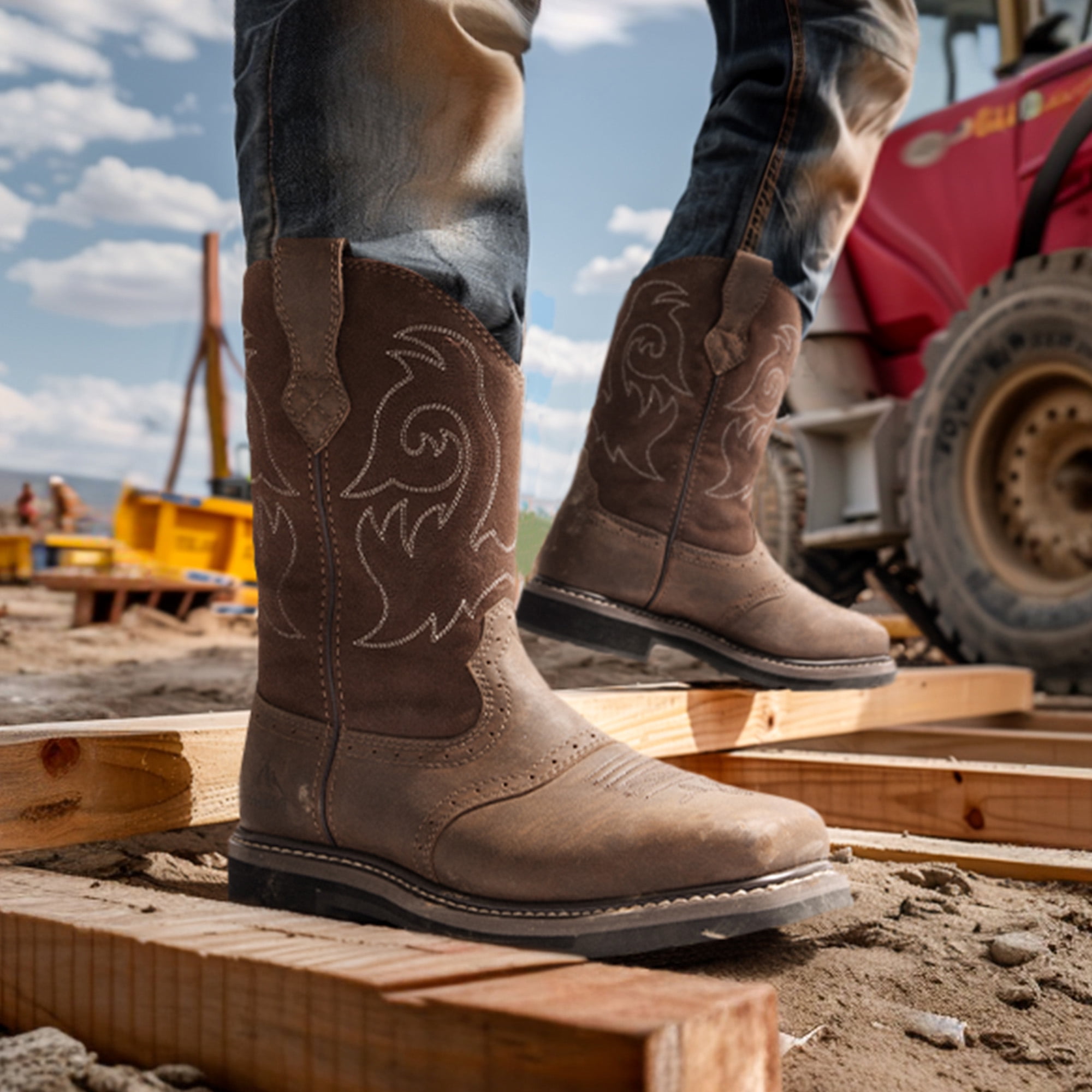 NORTIV 8 Steel Toe Cowboy Boots for Men Western Square Toe Leather
