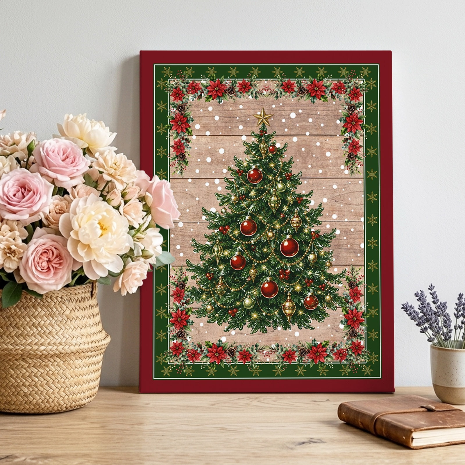 Canvas Wall Art Christmas Framed Canvas Prints for Living Room Bedroom Xmas Pine Trees Poinsettia Snowflake Balls Wooden Large Gallery Wrapped Wall Decor for Home Office Gifts 16 x20