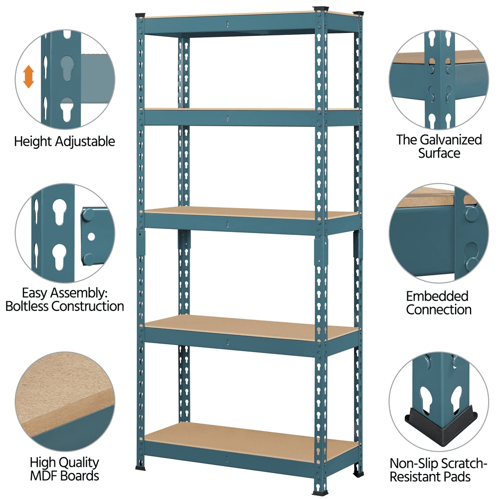 Alden Design 5-Shelf Boltless & Adjustable Steel Storage Shelf Unit, Neptune Blue
