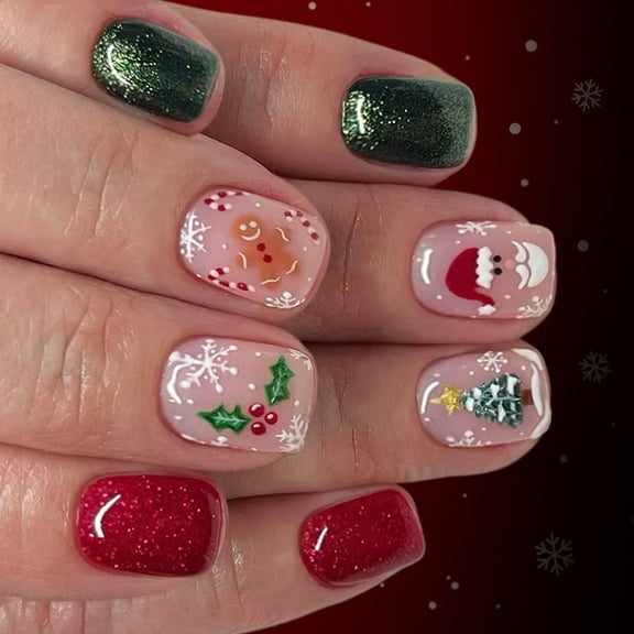 Festive Press On Fingernail 24pcs Christmas Santa Snowflake Artwork Easy Wear Party Fingernail ABS