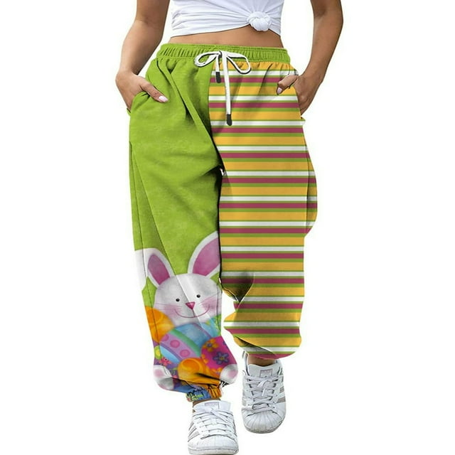 Pantalons de Survêtement Amples de Pâques pour Femmes Poches Taille Haute Imprimé Patchwork Sport Jogger