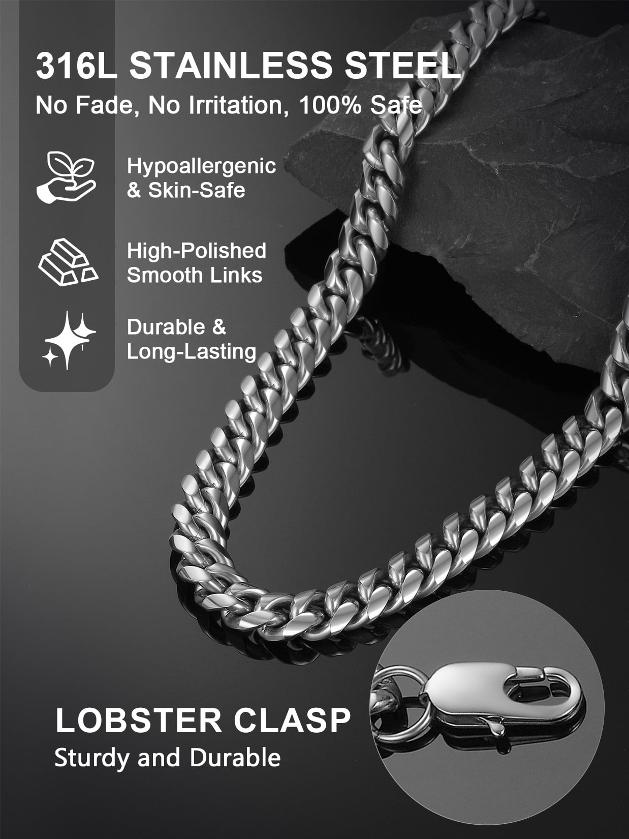 ChainsProMax Hip Hop Men Necklaces Curb Cuban Chains 20inch 10mm Stainless Steel Chains Fathers Day Necklace Gift for Mens Dad Son