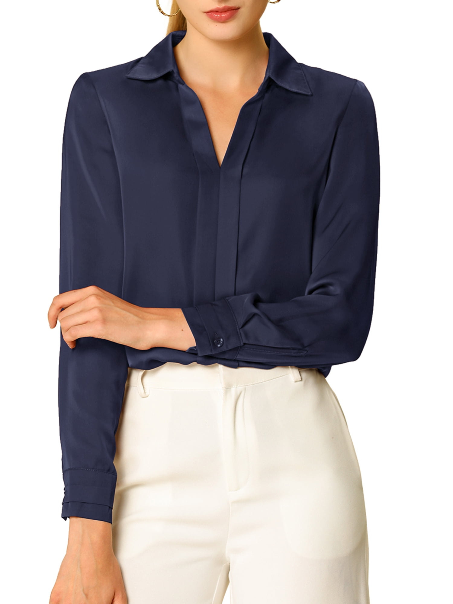 DARING DIVA Women's V Neck Classic Work Office Long Sleeve Shirt XS Navy Blue