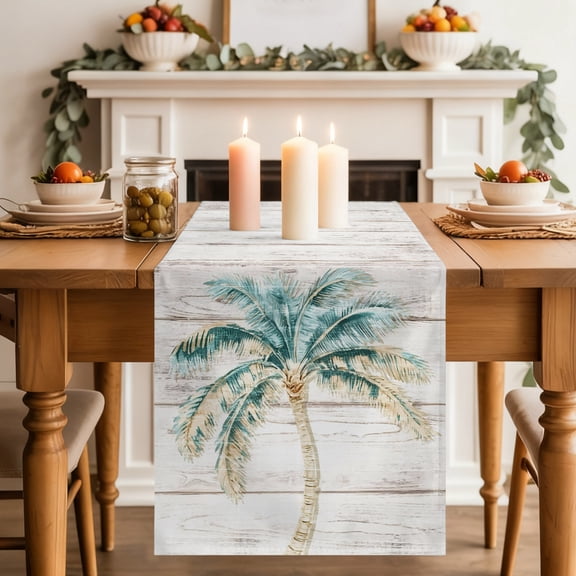 Palm Tree Dining Table Runner, Vintage Green Tree Coastal Plant Modern Wood Striped Washable Table Runners Kitchen Coffee Table Center Decor for Home Party Holiday Wedding 13 x 70 Inches