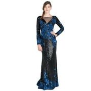 Badgley Mischka Floral Sequin Long Sleeve Sheer V-Front Evening Gown Dress