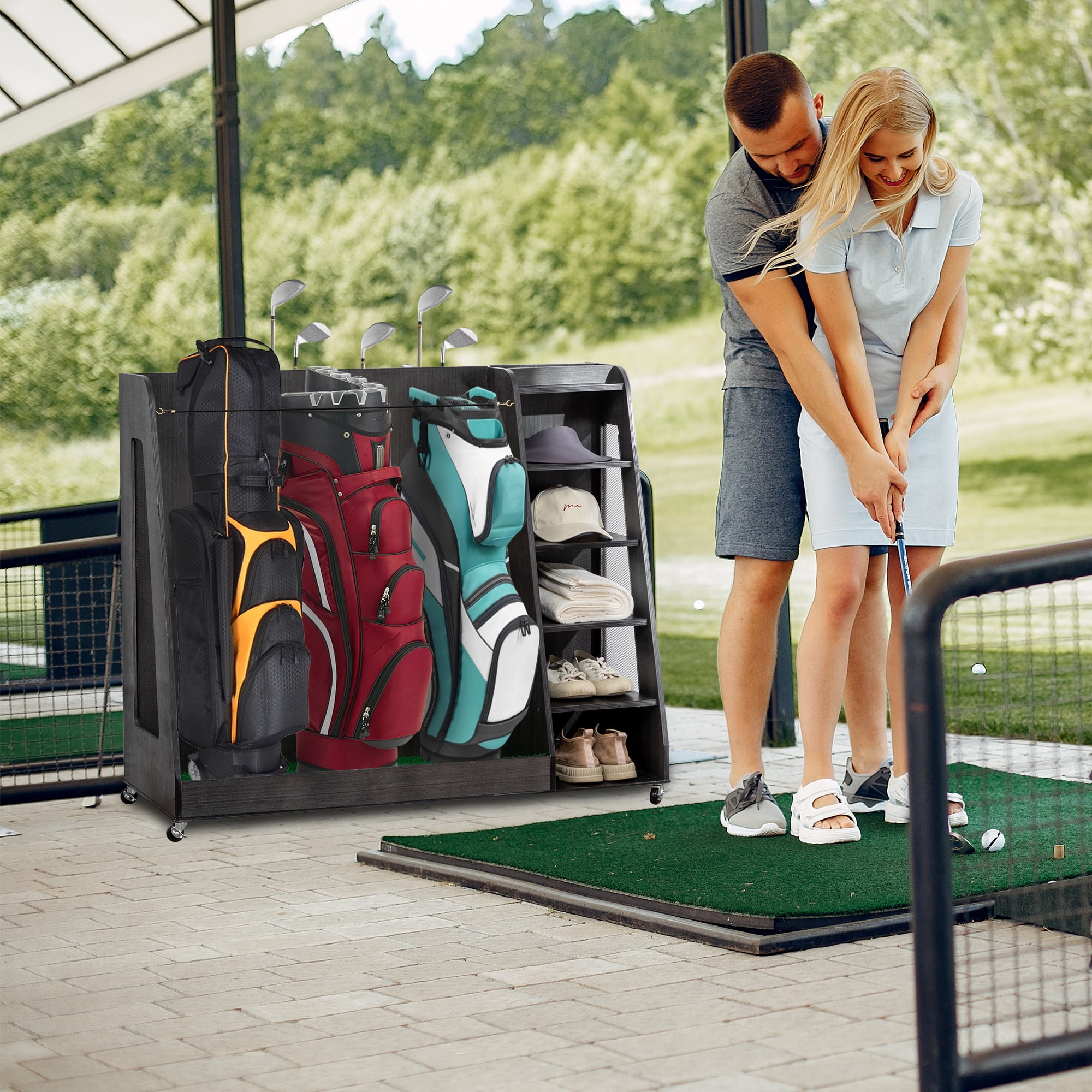 Miniyam Golf Bag Storage Rack – Holds 2 Stand Bags & 14+ Clubs, Wooden Organizer with Ball & Shoe Storage, Gray