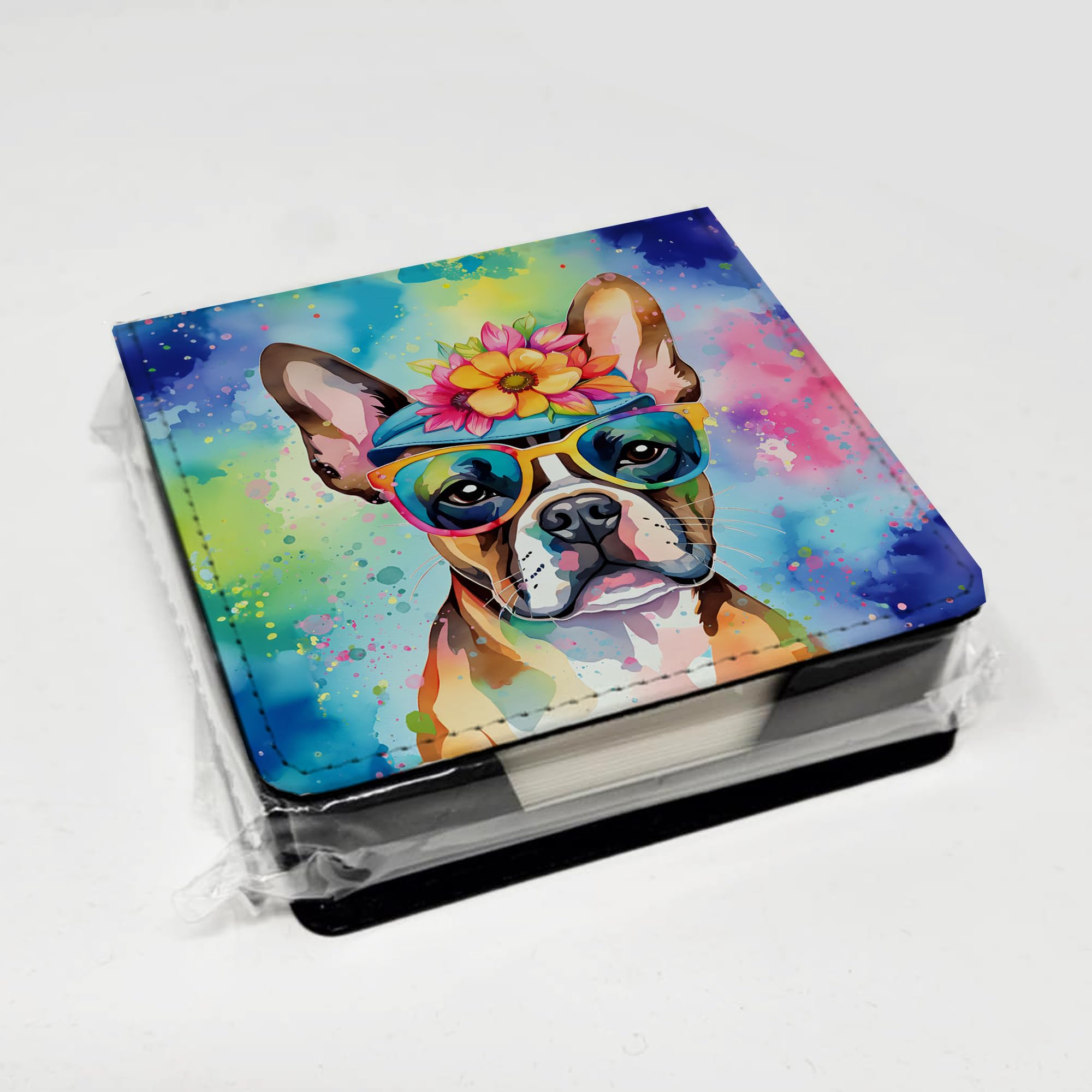 Caroline's Treasures Boston Terrier Hippie Dawg PU Leather Note Paper Holder with Artist-Designed Cover, Desk Accessory, Office Gift