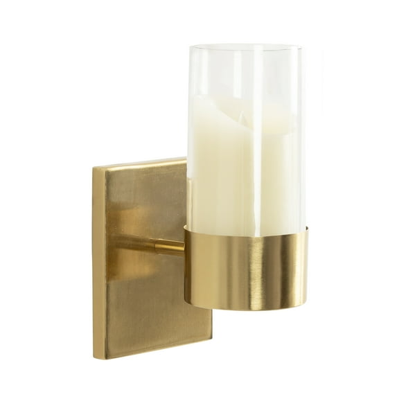 Kate and Laurel Zabler Modern Metal Wall Sconce, 5 x 6 x 10, Gold, Round Candle Holder with Removable Glass Cylinder for Flameless Candle Display in Bedroom or Bathroom
