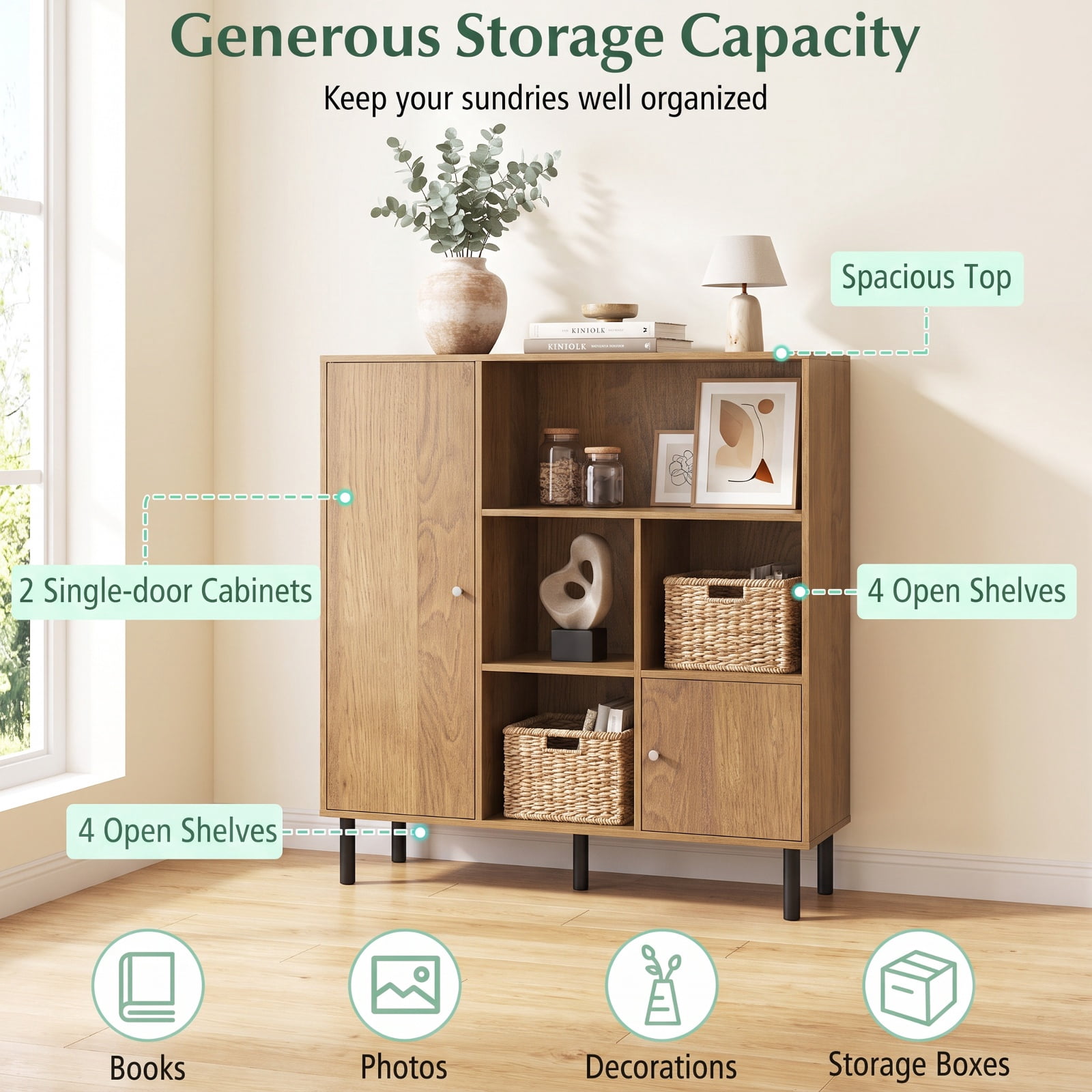 Furnibear 47 Inch Storage Cabinet Freestanding Bookcase with 2 Doors and 4 Open Shelves for Living Room Home Office Bedroom Display Storage, Natural