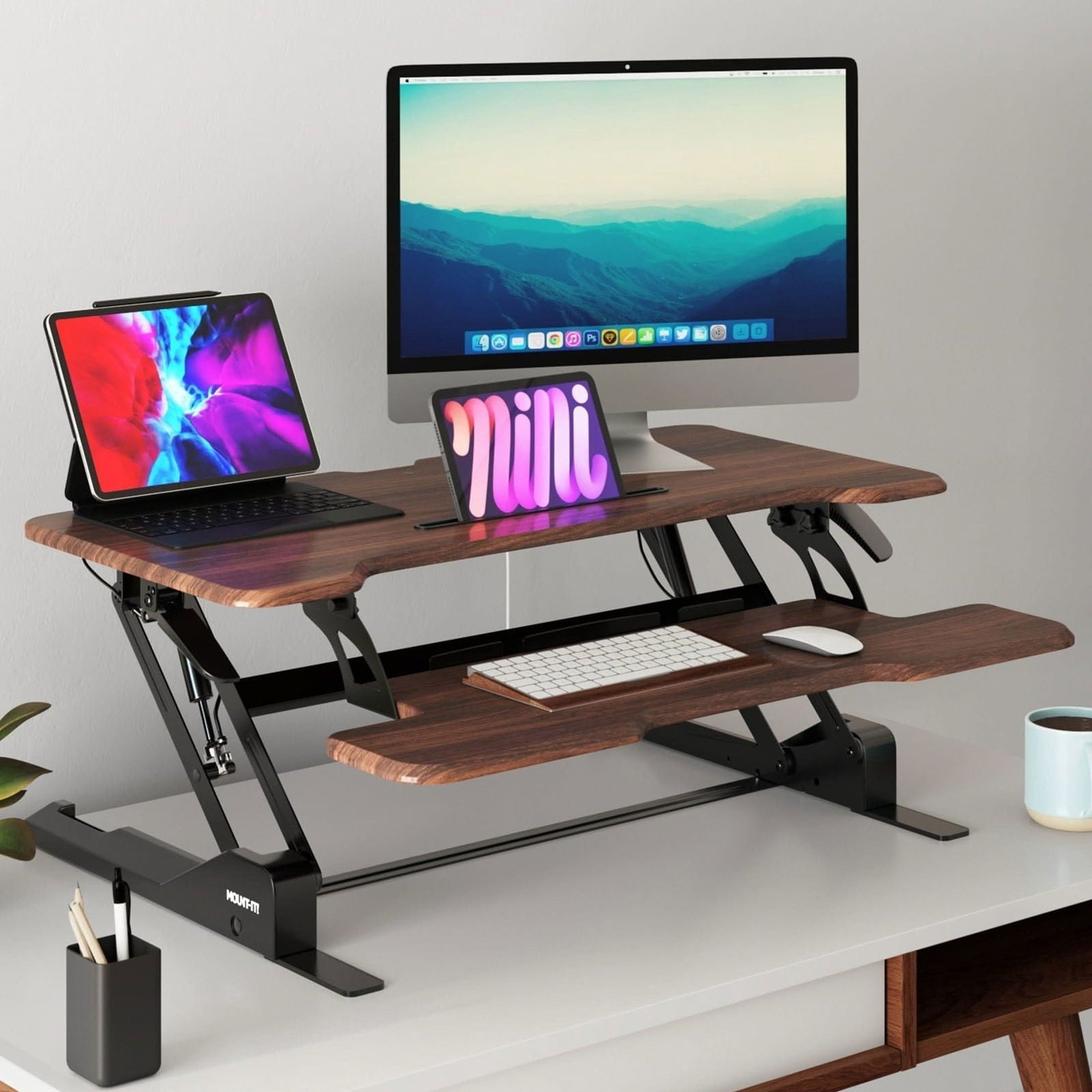 Mount-It! 38'' Standing Desk Converter – Height Adjustable Sit Stand Riser with Dual Monitor Space, Keyboard Tray & Device Slot – Gas Spring Lift, MDF Desktop, Dark Walnut