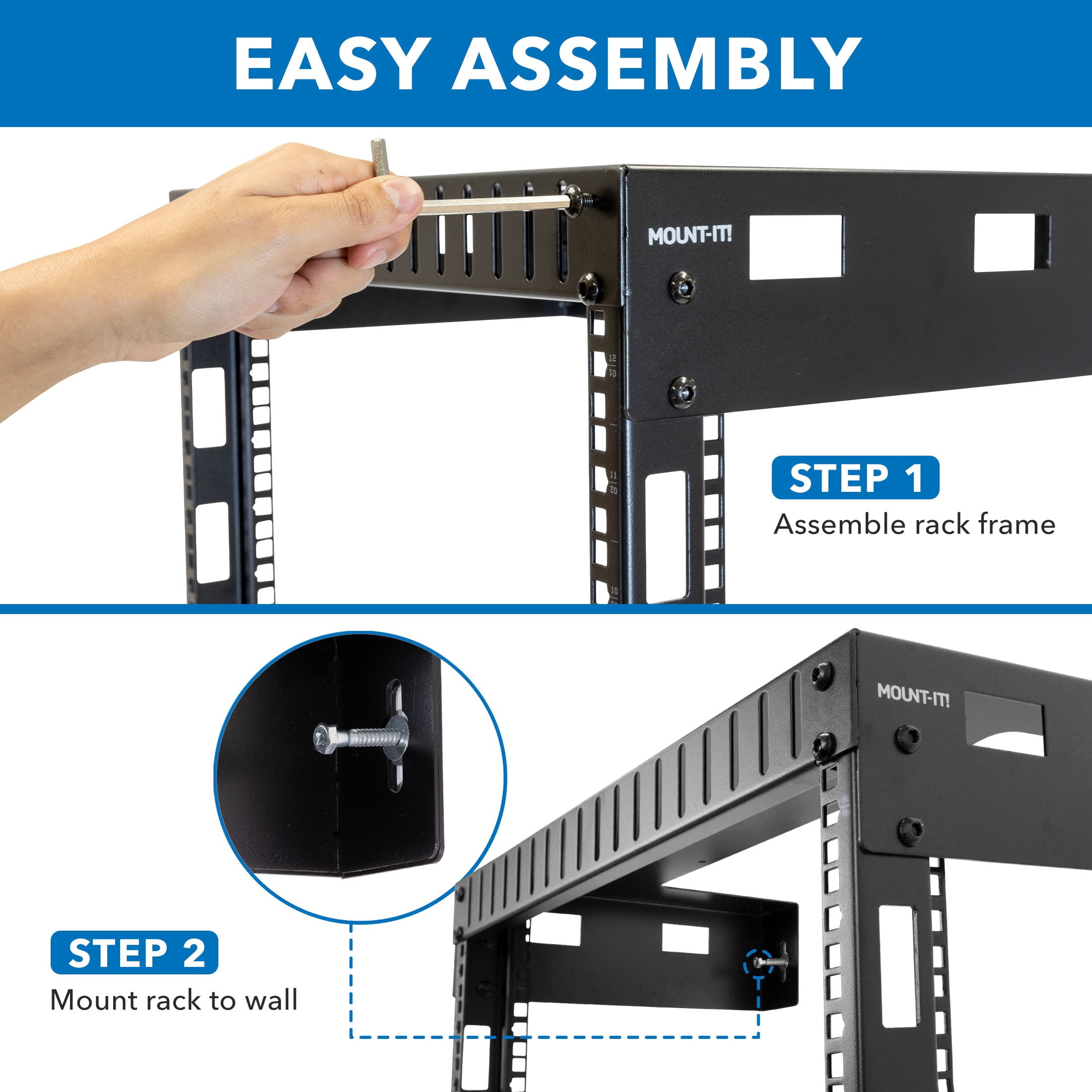 Mount-It! 12U Black Steel Open Frame Wall Rack for Servers and AV Equipment