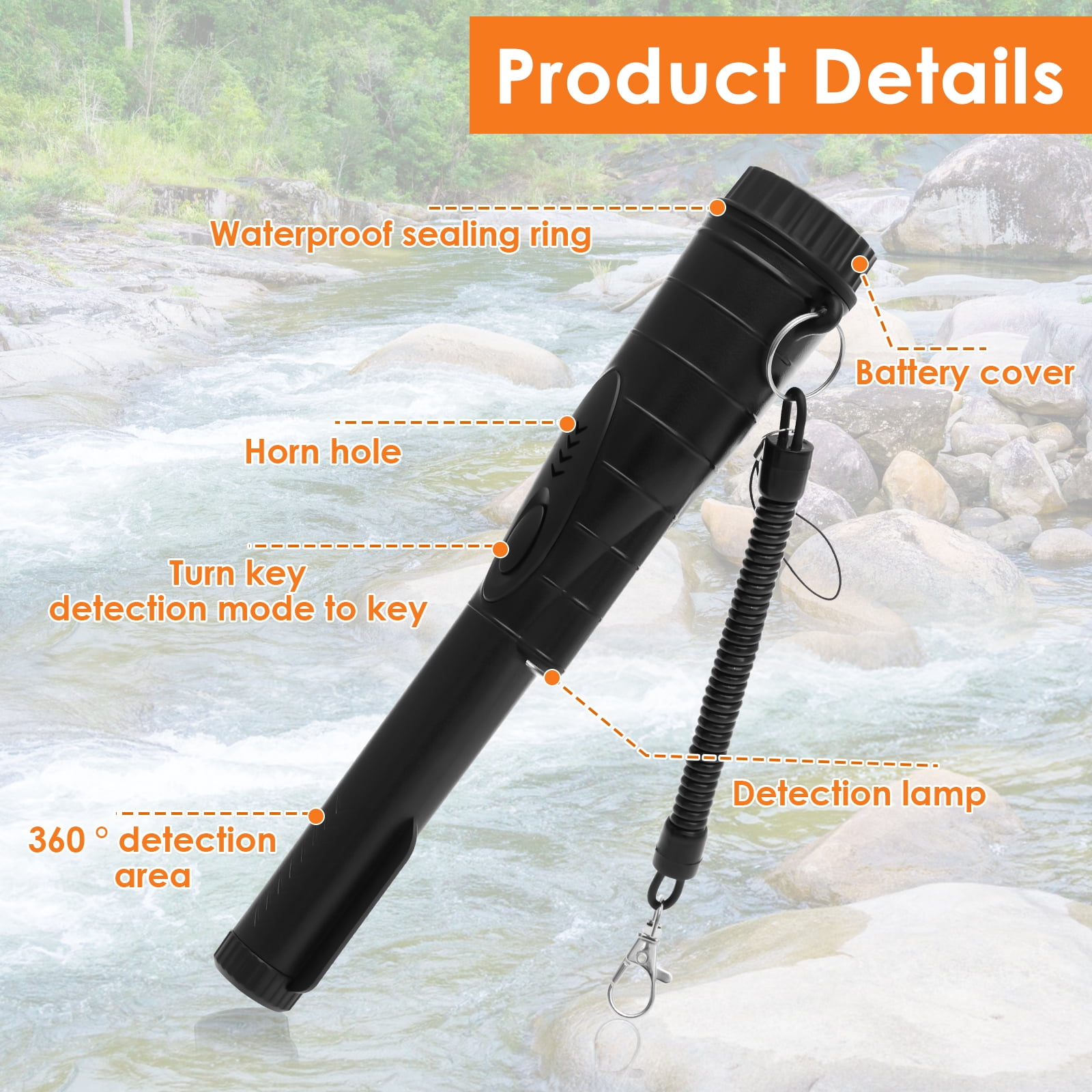 Grusce Waterproof Metal Detector with Hanging Storage Bag 360° Detection Handheld Pin Pointer Wand for Outdoor Beach Treasure