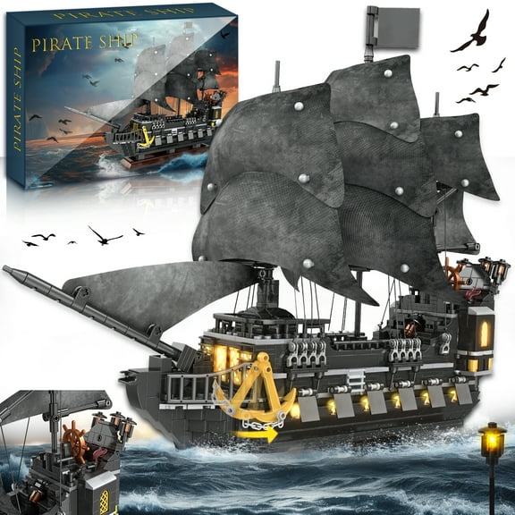 Pirate Ship Building Set for Adults, Sailboat Toy Model Building Kits with LED Light, Black Pirate Boat Toy Christmas Birthday Gifts for Boys, Girls, Age 12 , 1366PCS