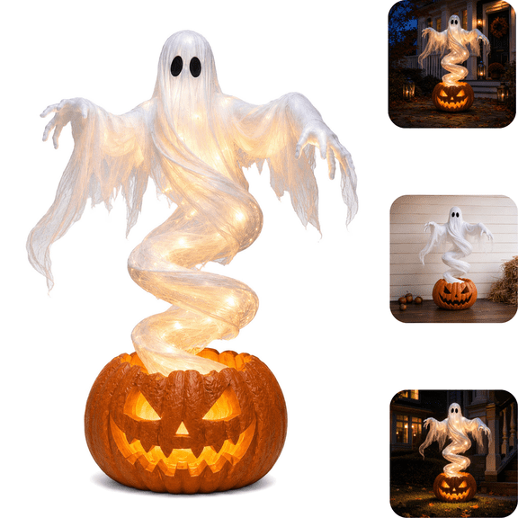 Swirling Ghost Pumpkin Yard Lamp, Warm LED Lighted Ghost Statue, Halloween Decorations Outdoor, Autumn Garden Lawn Halloween Party Holiday Ornament