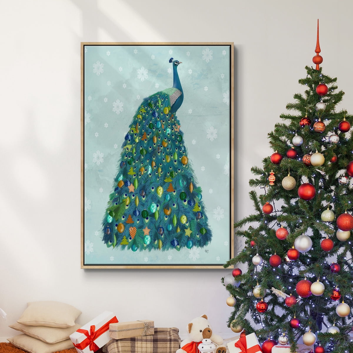 Christmas Peacock Christmas Tree - Framed Gallery Wrapped Holiday Canvas - 27 x 41 - Natural Wood Frame