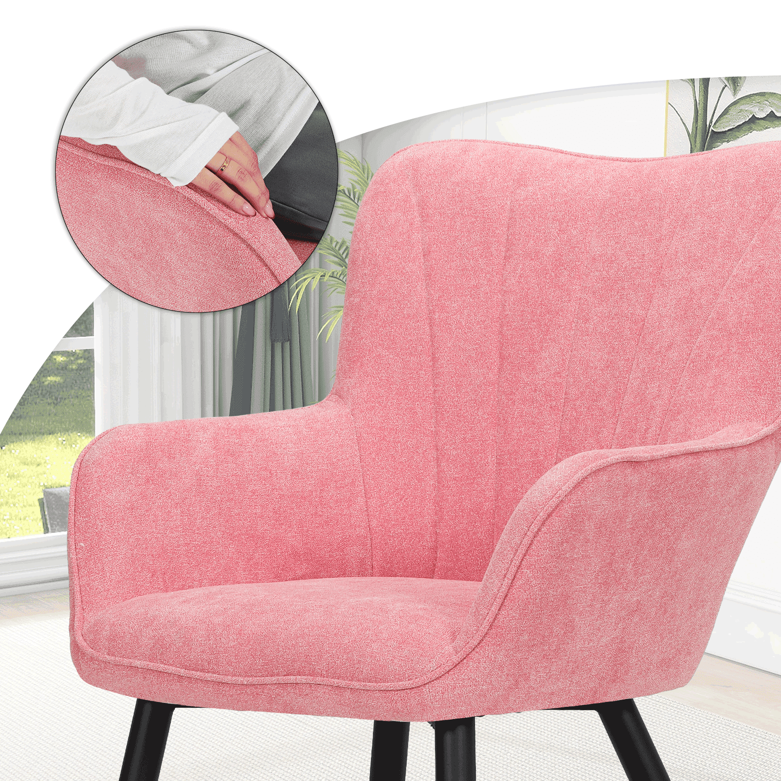MoNiBloom Upholstered Accent Chair Set of 2, Armchair with Metal Leg, Shell Shape Cotton-linen Single Sofa Chair, for Living Room Bedroom, Soft Pink