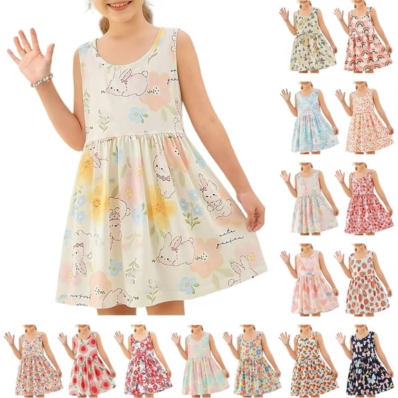 OVAFBAU Girls Dresses Summer Outfits Bow Graphic Sleeveless Sundress Crewneck Girls Sundress