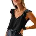 thumbnail image 1 of Mujeres ruffle Cap manga Top Deep V Masajeadores de cuello backless Loose fit color puro casual verano camiseta negro L, 1 of 8