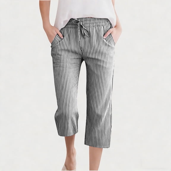 ITSAME Casual Pants for Girls, High Waist Striped Print Drawstring Fashion Casual Cotton Linen Pants Black 12T